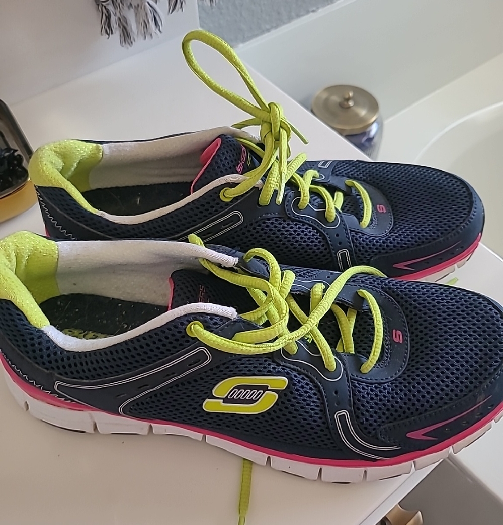 Women's Skechers Navy Athletic Sneakers with Neon Yellow & Pink Accents